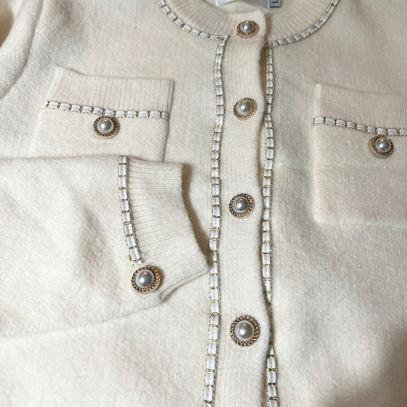 Knit Mix Sweater Cardigan Fancy Buttons Size L Cream Gold Trim Party Holidays - Picture 5 of 5